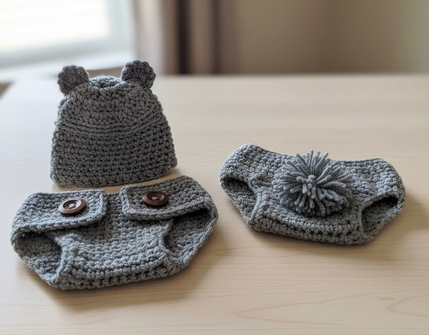 Handmade Crochet Baby Bear Outfit Set – Hat & Diaper Cover – Newborn Photo Prop