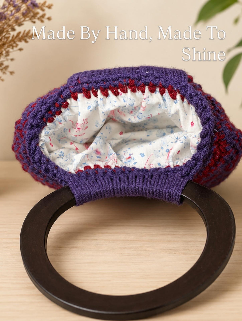 Handmade Crochet Handbag with Wooden Handles | Purple Artisan Purse | One-of-a-Kind Crochet Bag