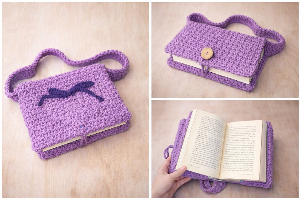 Handmade Crochet Book Sleeve Bag | Adjustable Strap | Button Closure | Purple Book Cover Purse