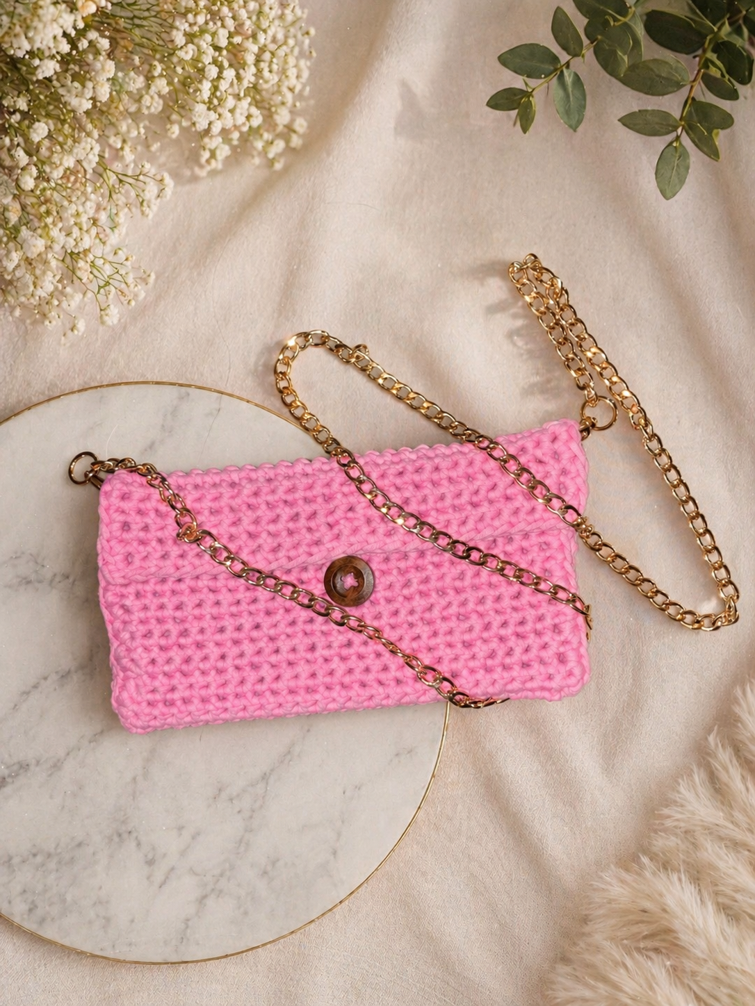 Handmade Crochet Clutch Purse with Detachable Gold Chain Strap | Boho Evening Bag | Custom Colors Availabl