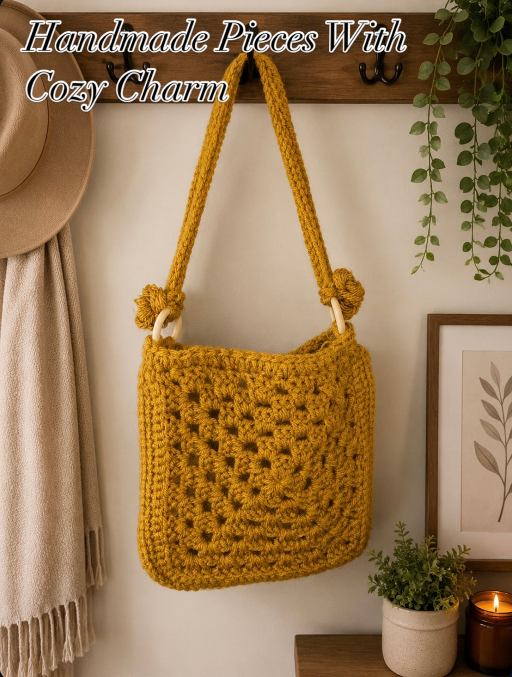 Golden Mustard Crochet Shoulder Bag | Handmade Boho Granny Square Purse