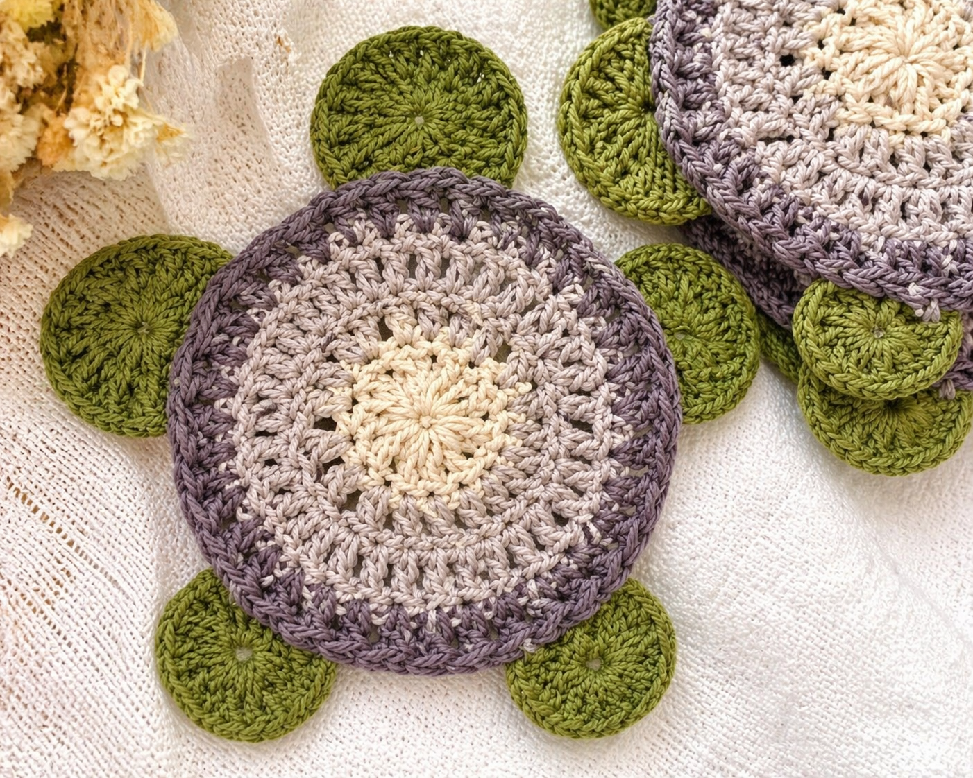 Handmade Crochet Turtle Coasters – Set of 4 | Cute Boho Drink Coasters | Absorbent Table Decor | Housewarming Gift