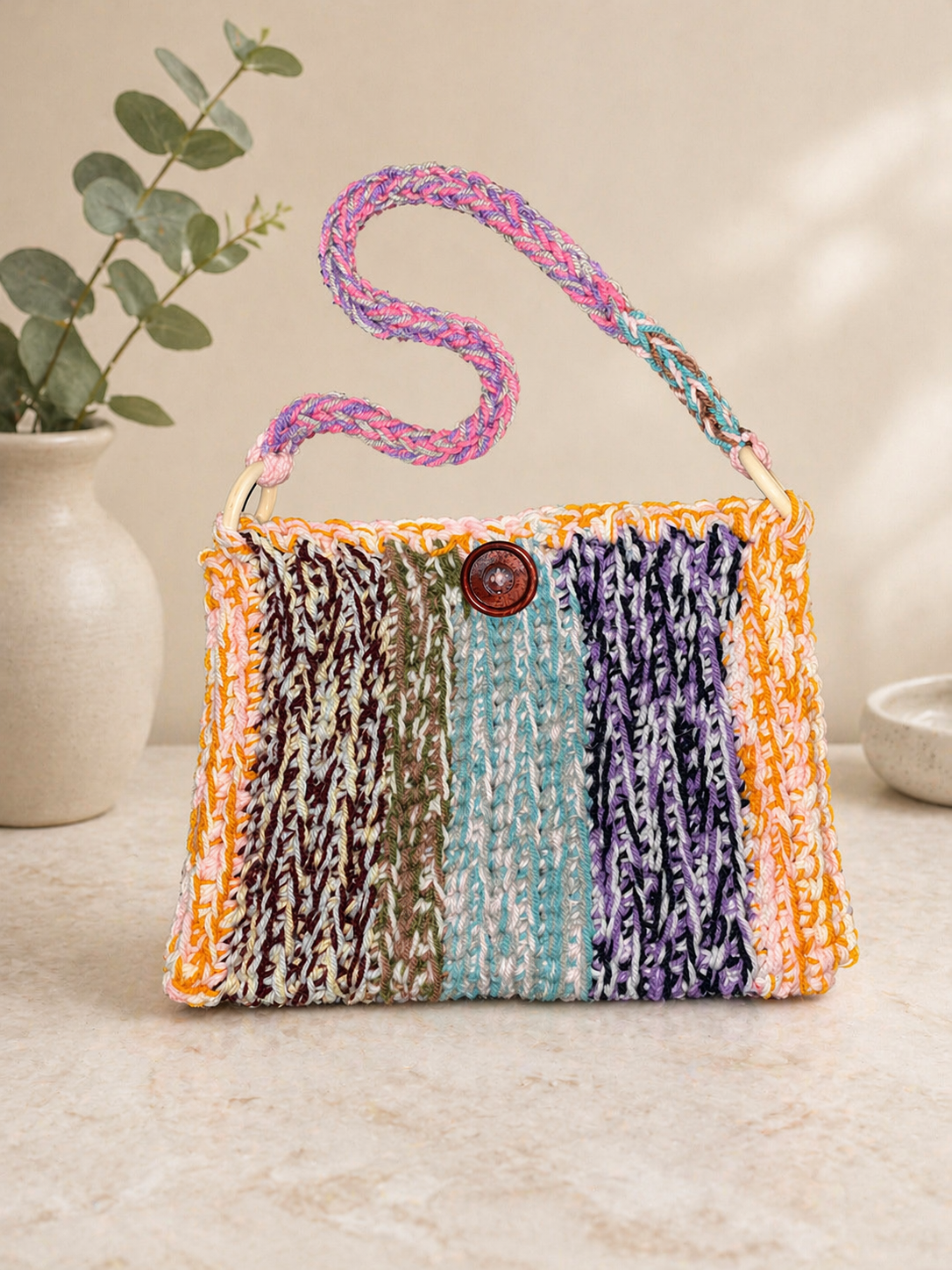 One-of-a-Kind Crochet Shoulder Bag – Scrap Yarn Handmade Purse with Braided Strap
