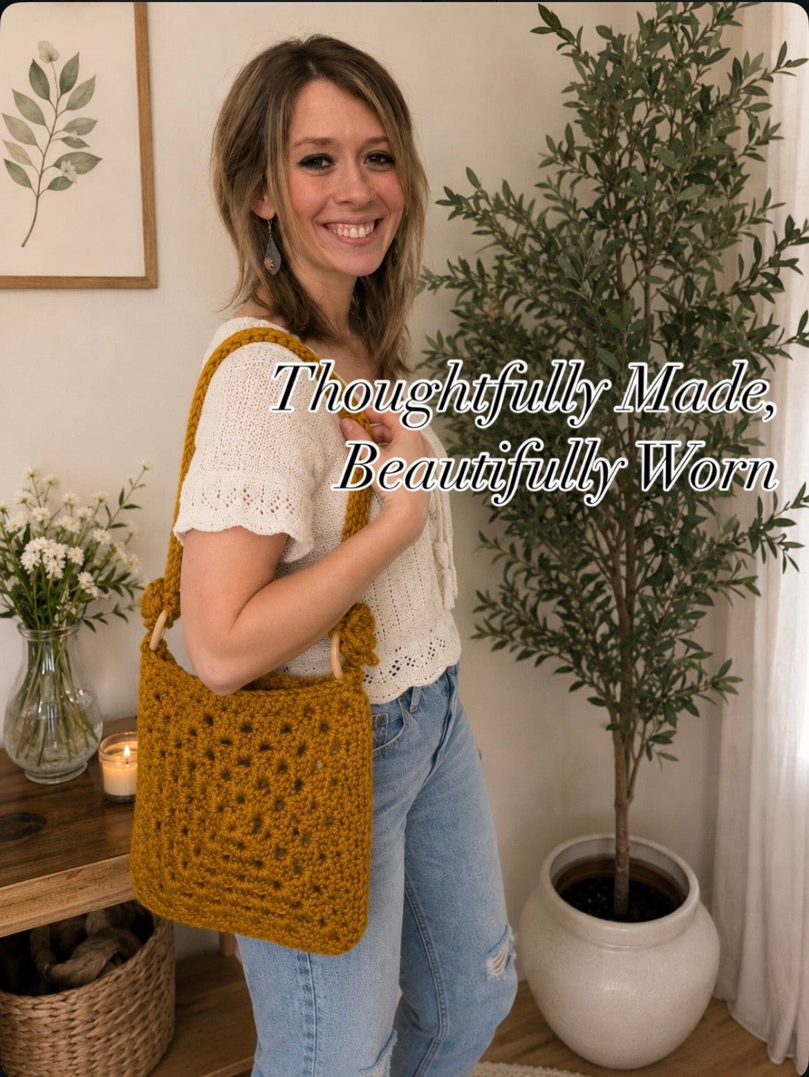 Golden Mustard Crochet Shoulder Bag | Handmade Boho Granny Square Purse