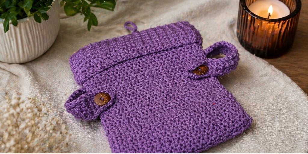 Handmade Crochet Book Sleeve Bag | Adjustable Strap | Button Closure | Purple Book Cover Purse