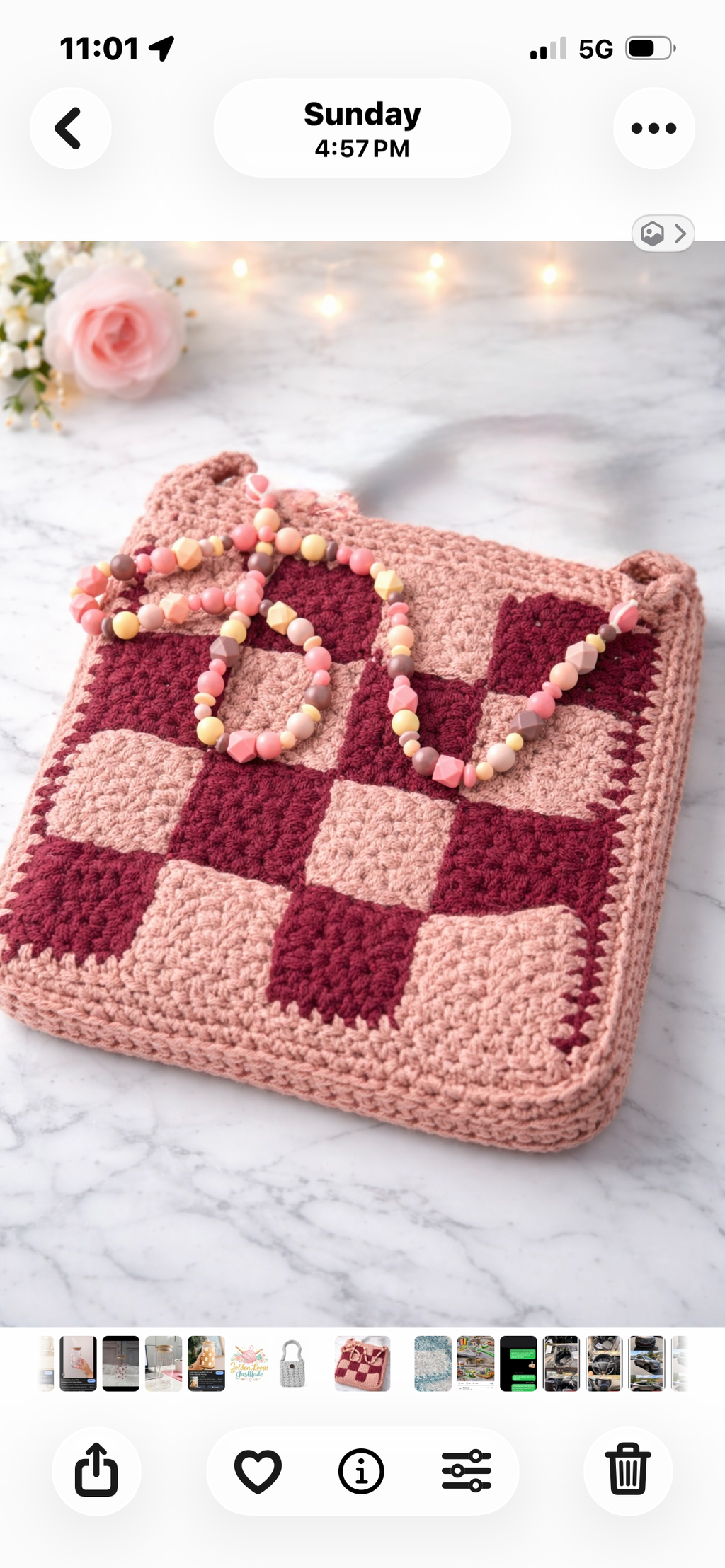 Handmade Crochet Checkered Tote Bag – Soft Pink & Burgundy | Stylish Everyday Purse