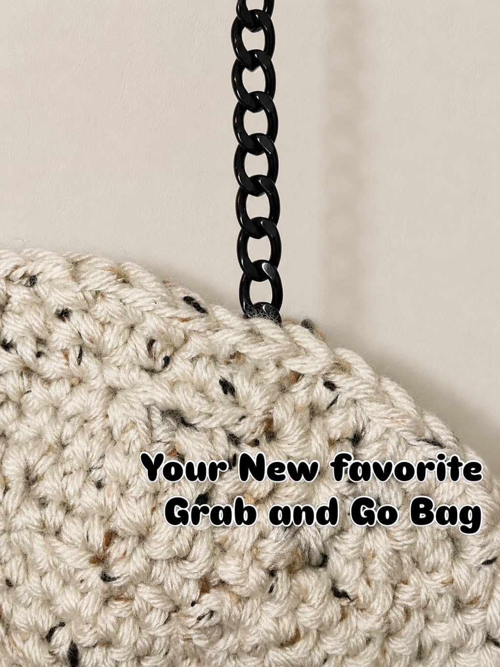 Handmade Crochet Half-Moon Shoulder Bag with Detachable Chain Strap | Cream Tweed Purse