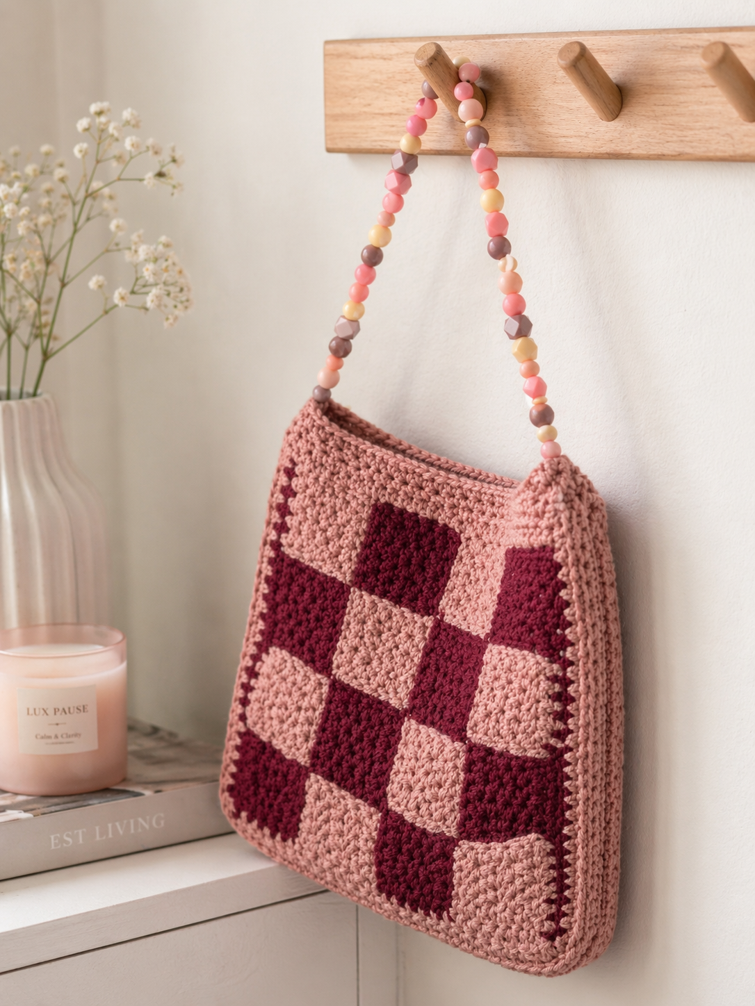 Handmade Crochet Checkered Tote Bag – Soft Pink & Burgundy | Stylish Everyday Purse