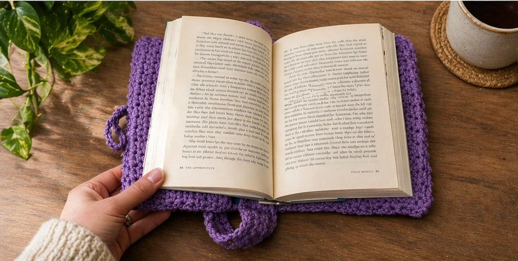 Handmade Crochet Book Sleeve Bag | Adjustable Strap | Button Closure | Purple Book Cover Purse
