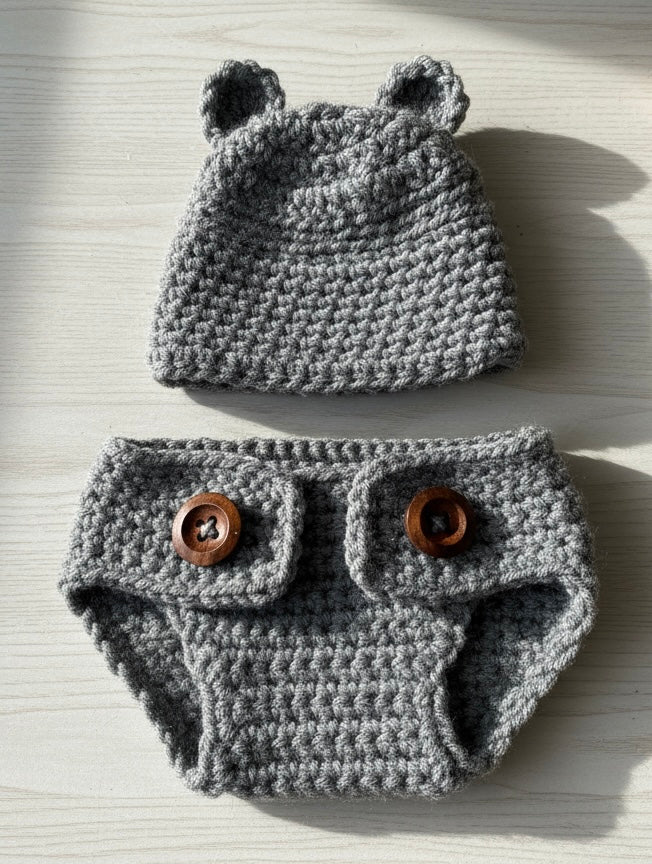 Handmade Crochet Baby Bear Outfit Set – Hat & Diaper Cover – Newborn Photo Prop
