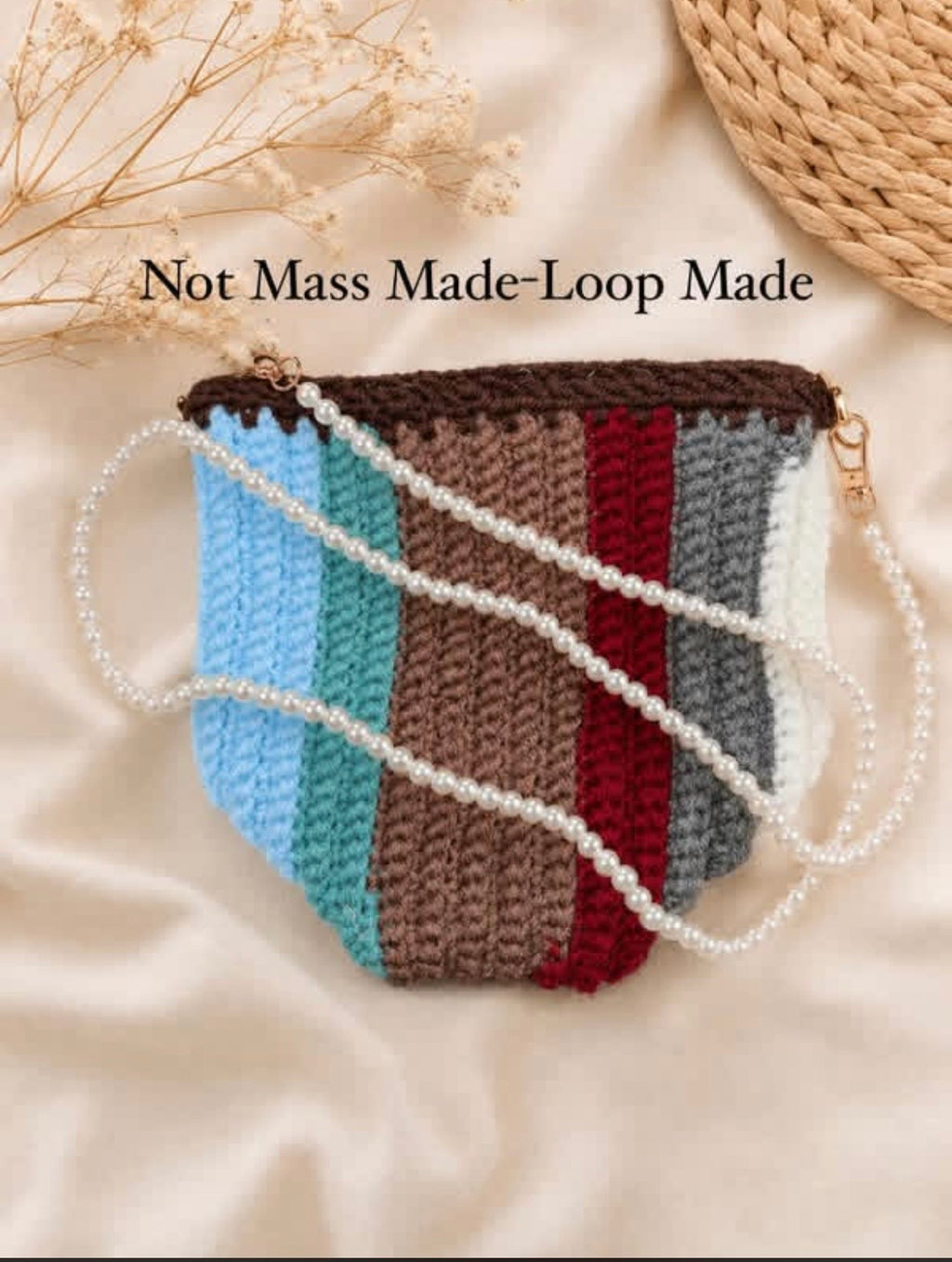 Handmade Scrap Yarn Crochet Bag with Pearl Strap | One of a Kind Cozy Shoulder Purse