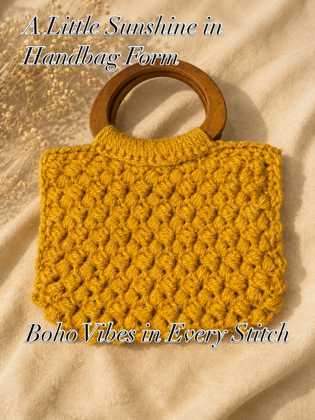 Golden Mustard Bobble Stitch Crochet Handbag | Limited Edition Boho Pur