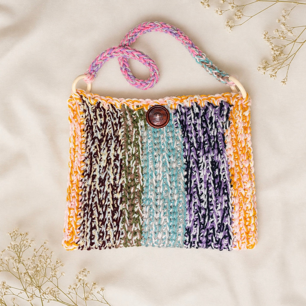 One-of-a-Kind Crochet Shoulder Bag – Scrap Yarn Handmade Purse with Braided Strap