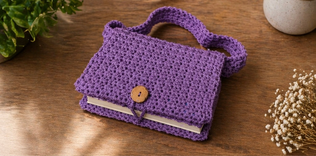 Handmade Crochet Book Sleeve Bag | Adjustable Strap | Button Closure | Purple Book Cover Purse