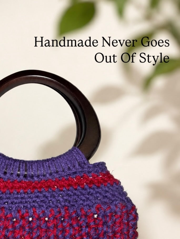 Handmade Crochet Handbag with Wooden Handles | Purple Artisan Purse | One-of-a-Kind Crochet Bag