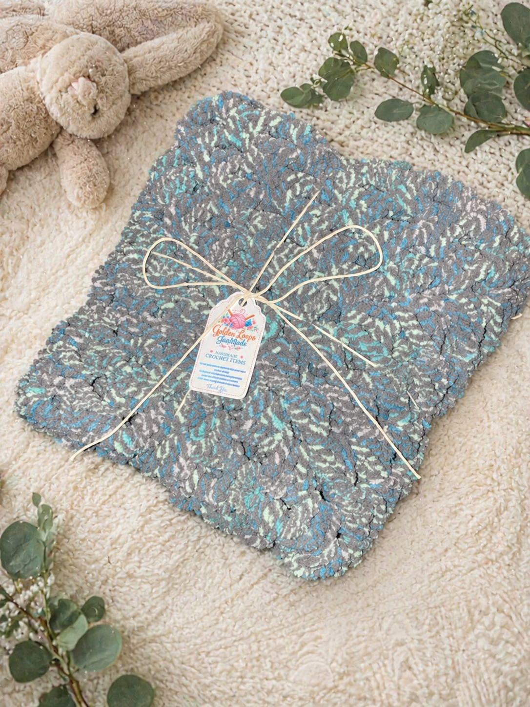 Handmade Chunky Crochet Blanket – Soft Blue & White baby blanket