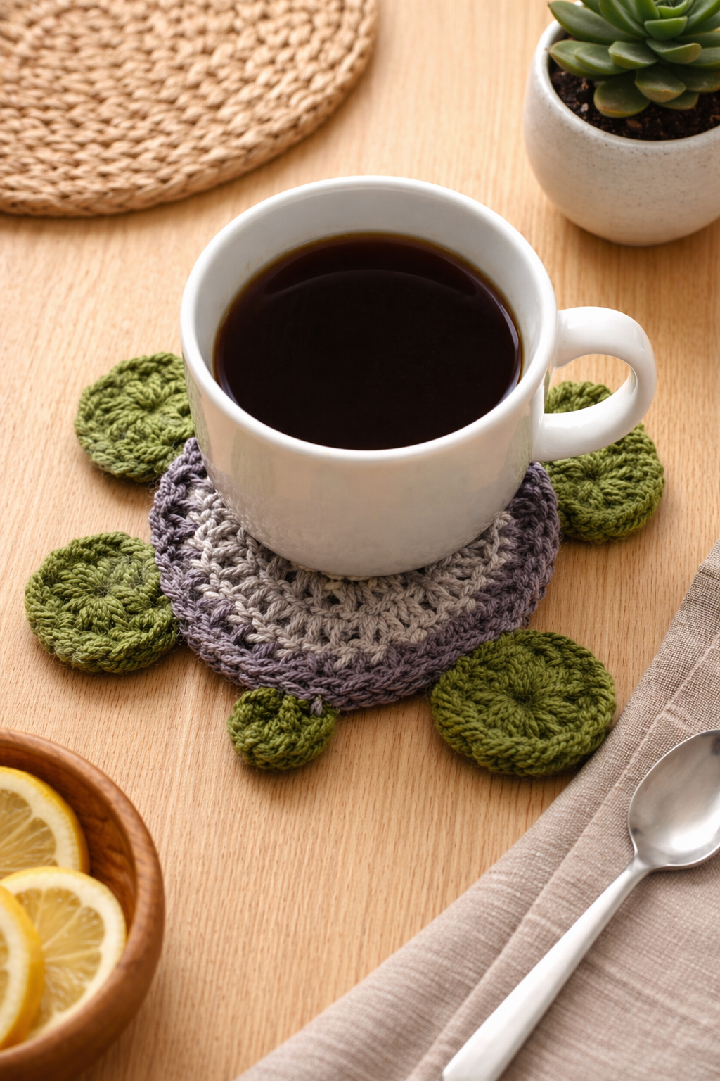 Handmade Crochet Turtle Coasters – Set of 4 | Cute Boho Drink Coasters | Absorbent Table Decor | Housewarming Gift