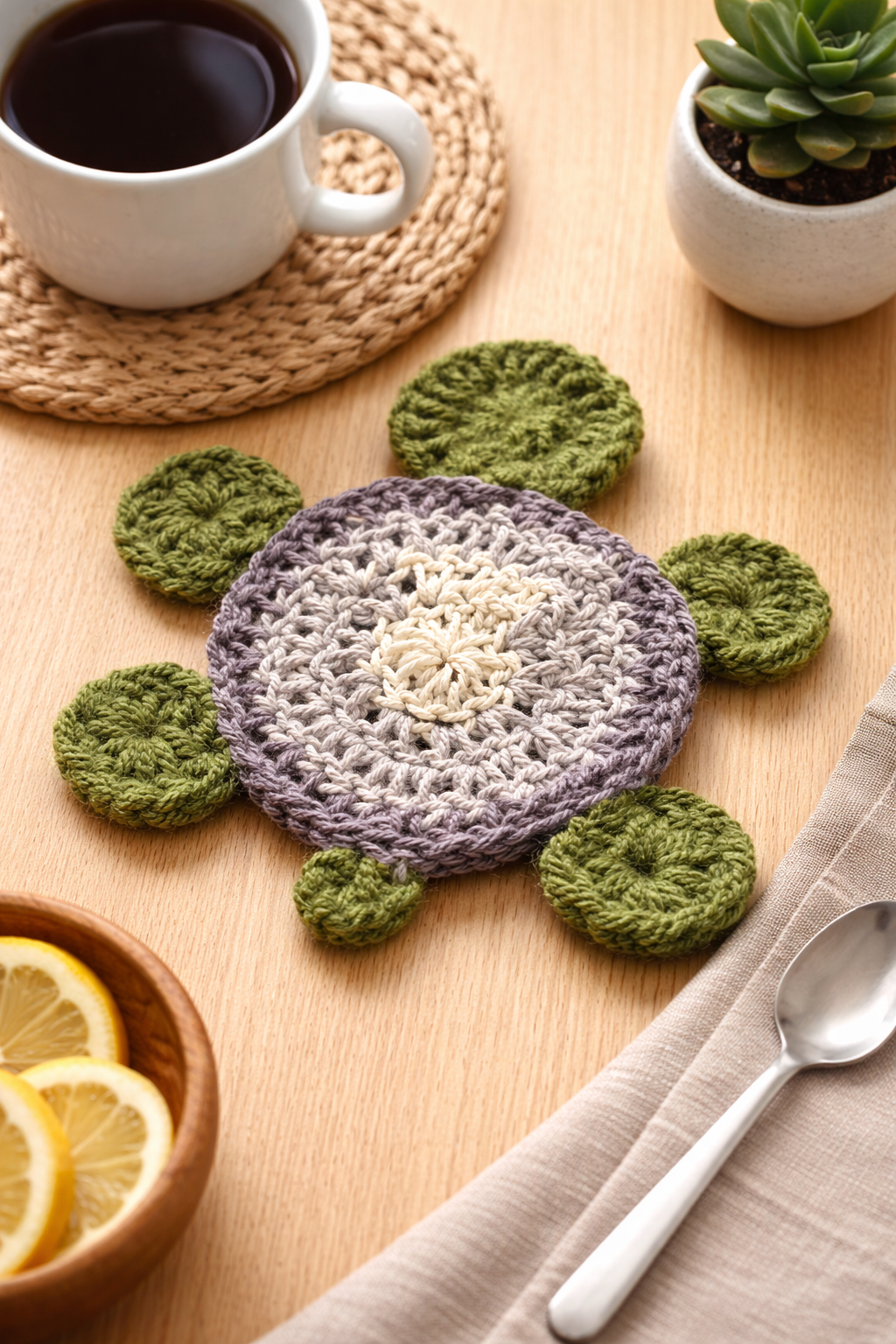 Handmade Crochet Turtle Coasters – Set of 4 | Cute Boho Drink Coasters | Absorbent Table Decor | Housewarming Gift