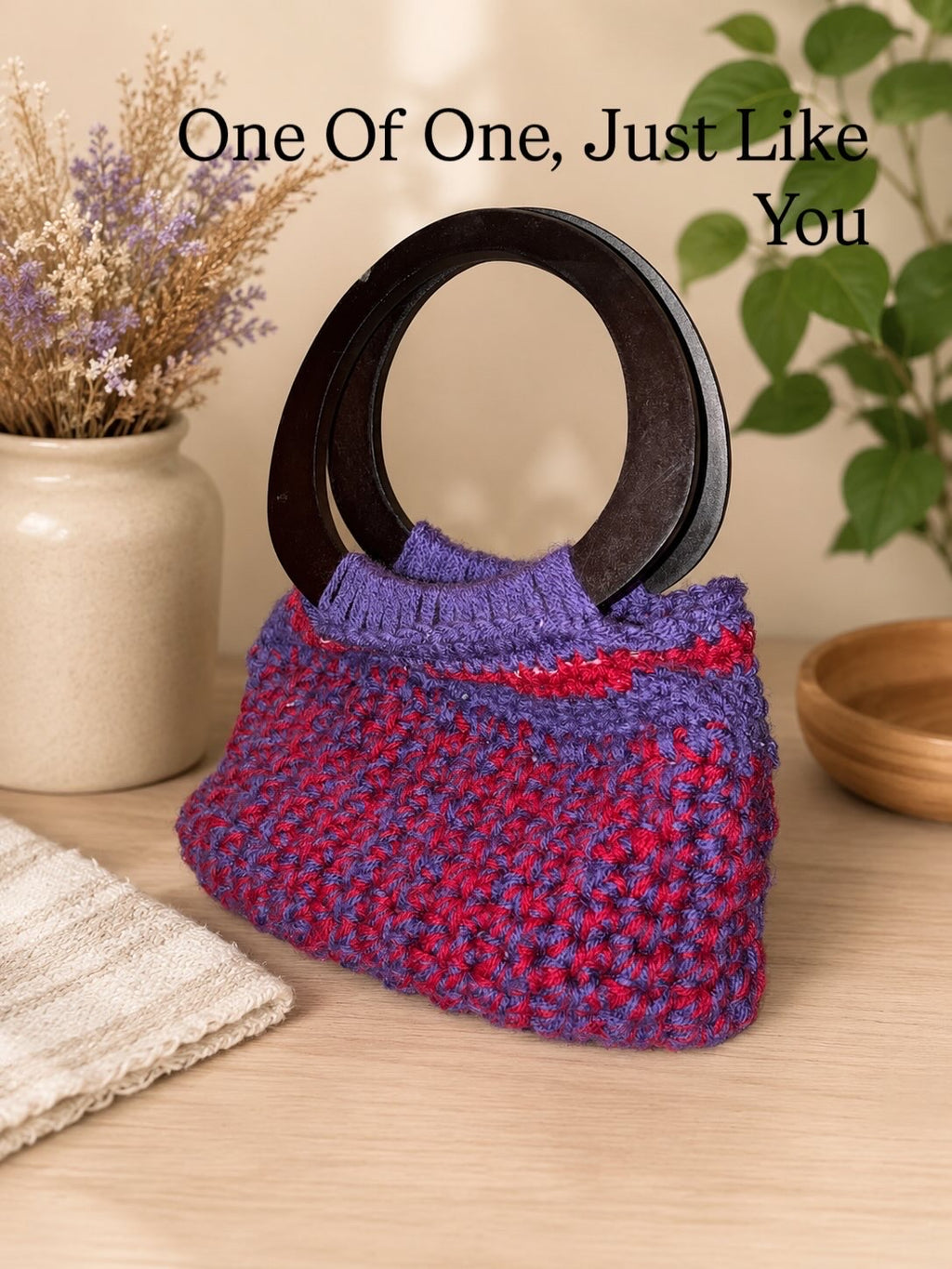 Handmade Crochet Handbag with Wooden Handles | Purple Artisan Purse | One-of-a-Kind Crochet Bag