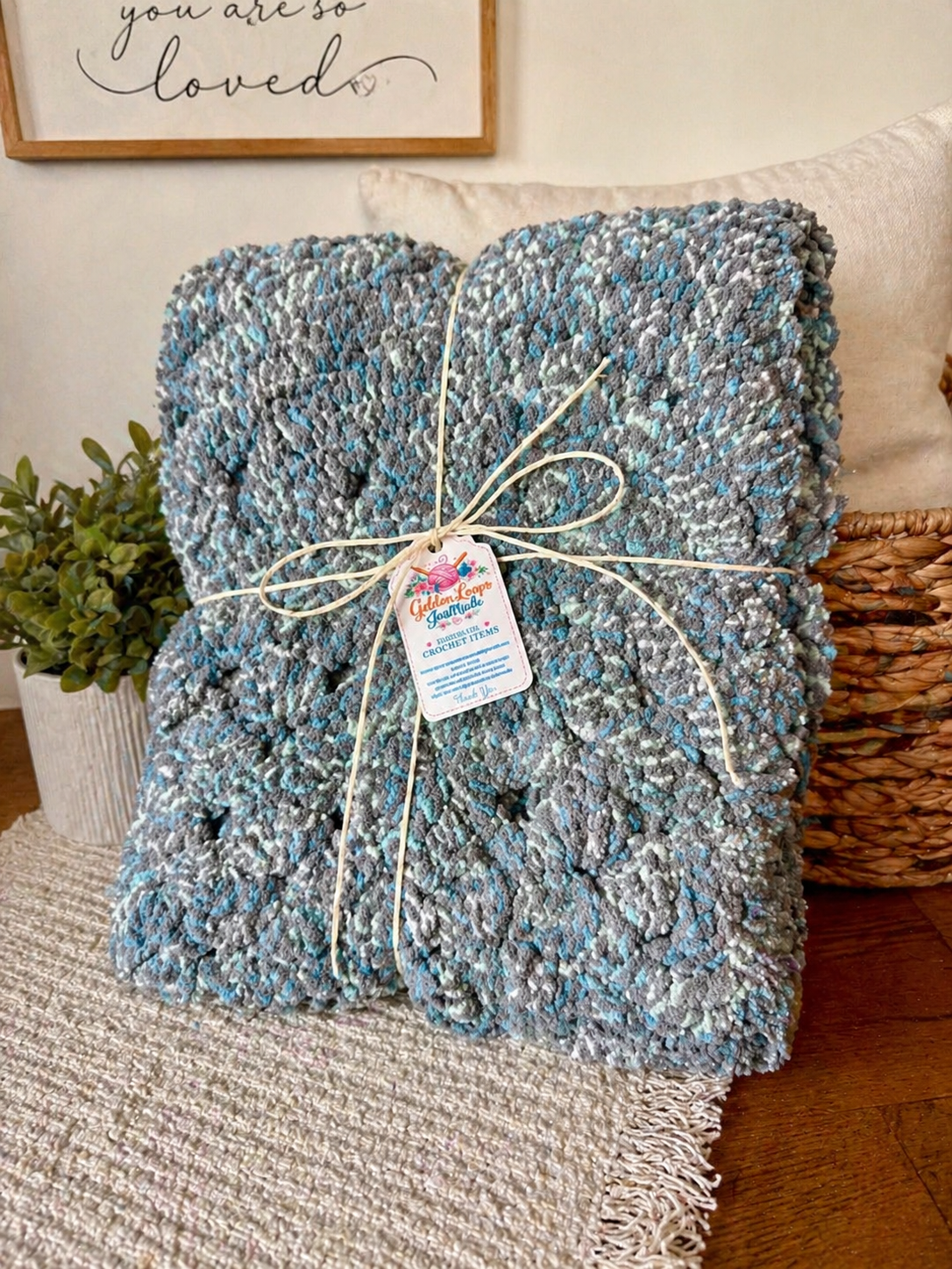 Handmade Chunky Crochet Blanket – Soft Blue & White baby blanket