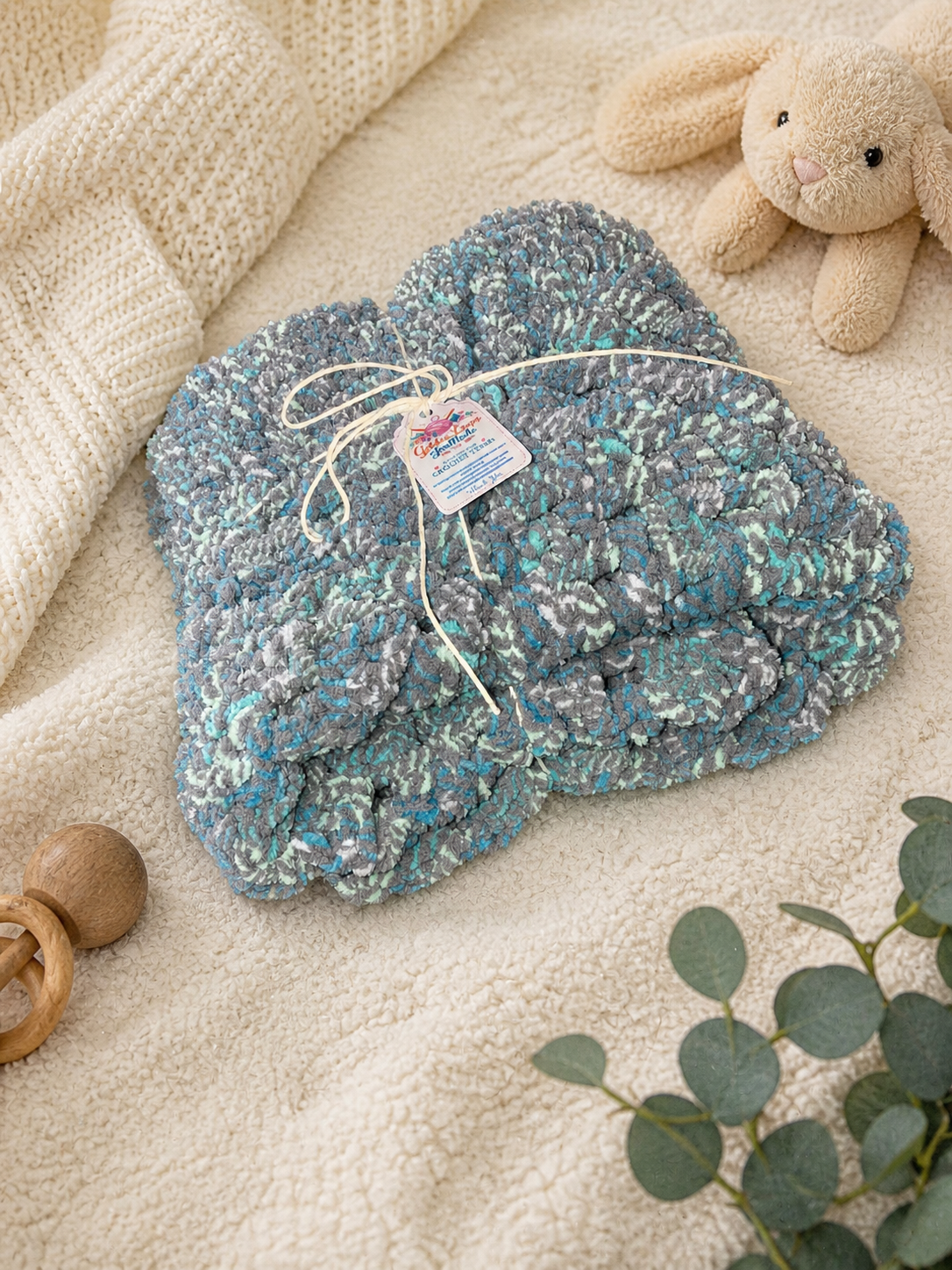 Handmade Chunky Crochet Blanket – Soft Blue & White baby blanket