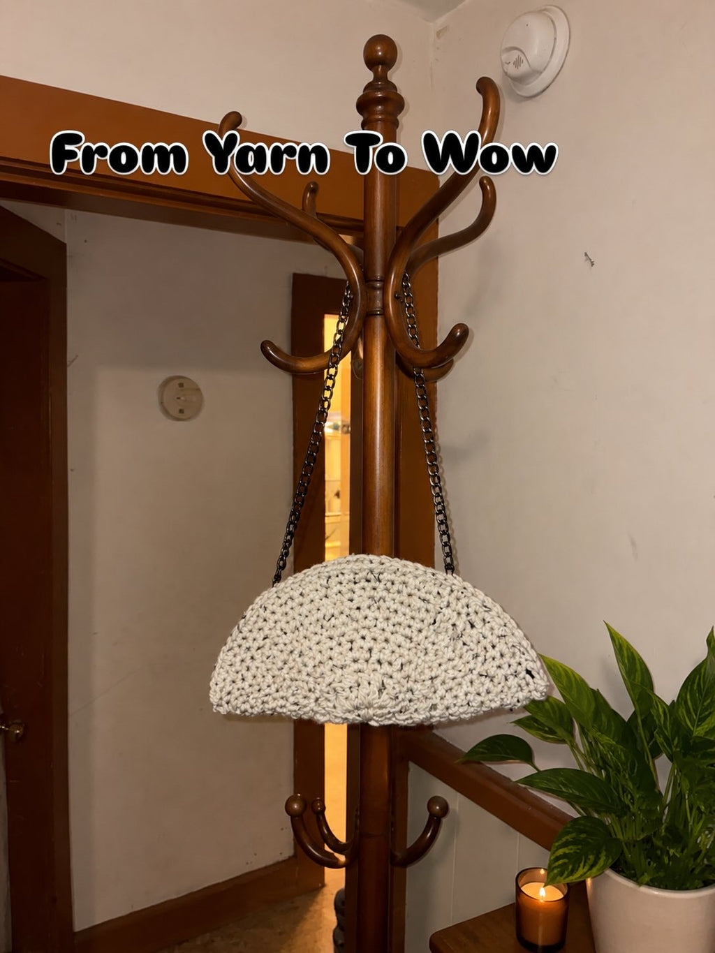 Handmade Crochet Half-Moon Shoulder Bag with Detachable Chain Strap | Cream Tweed Purse