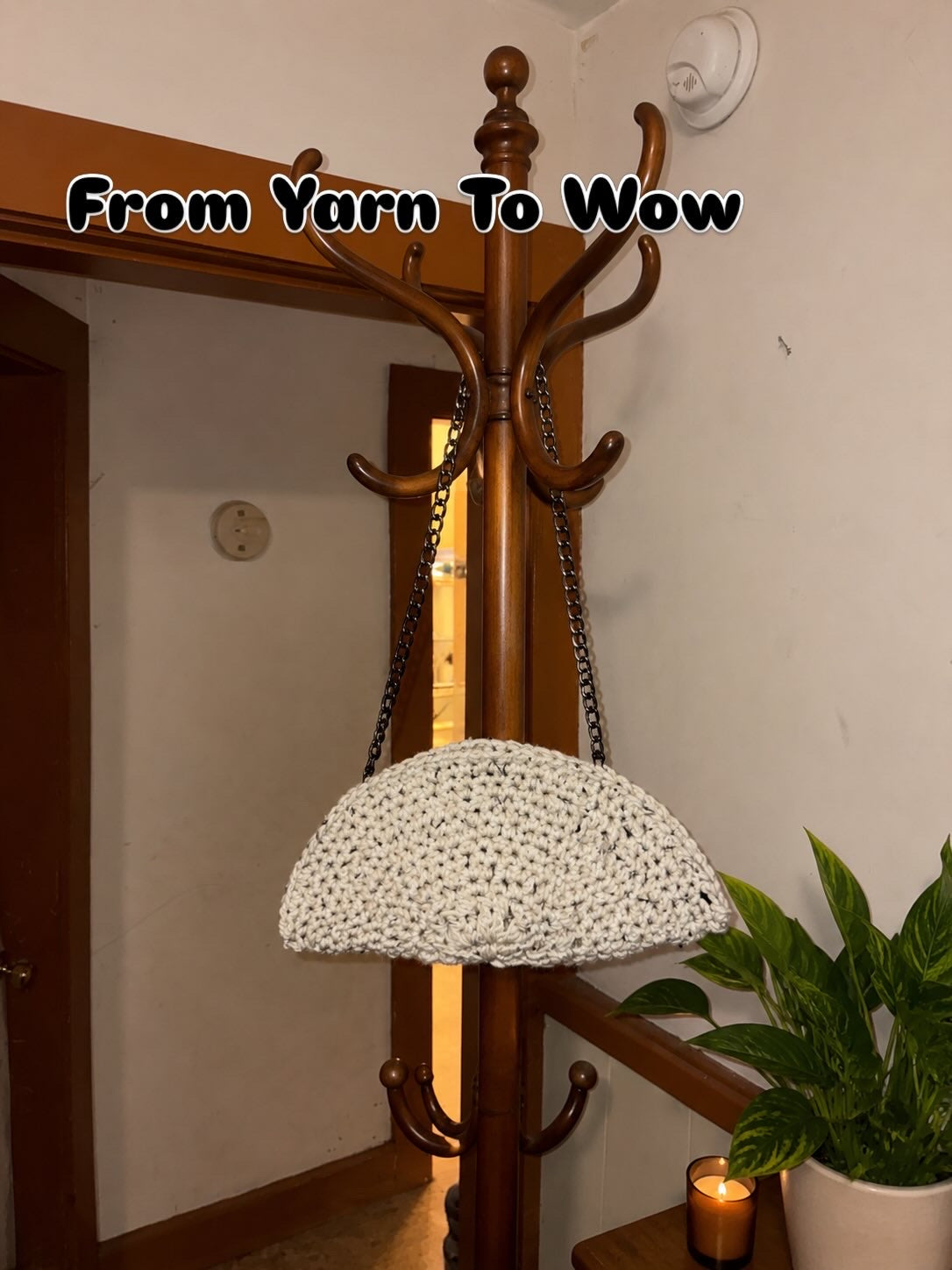 Handmade Crochet Half-Moon Shoulder Bag with Detachable Chain Strap | Cream Tweed Purse