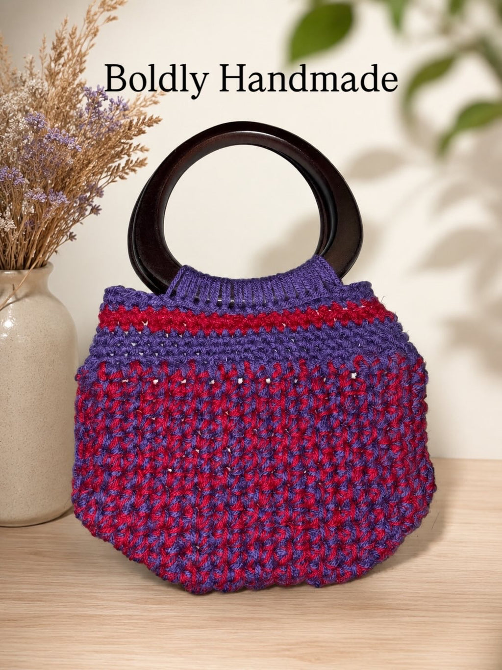 Handmade Crochet Handbag with Wooden Handles | Purple Artisan Purse | One-of-a-Kind Crochet Bag