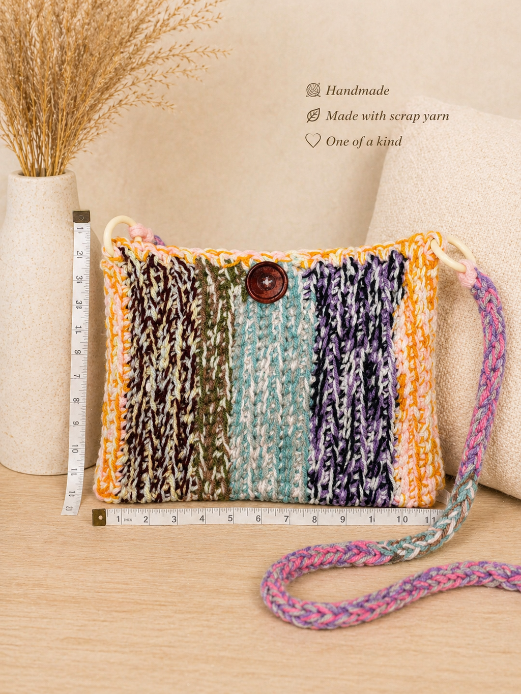 One-of-a-Kind Crochet Shoulder Bag – Scrap Yarn Handmade Purse with Braided Strap