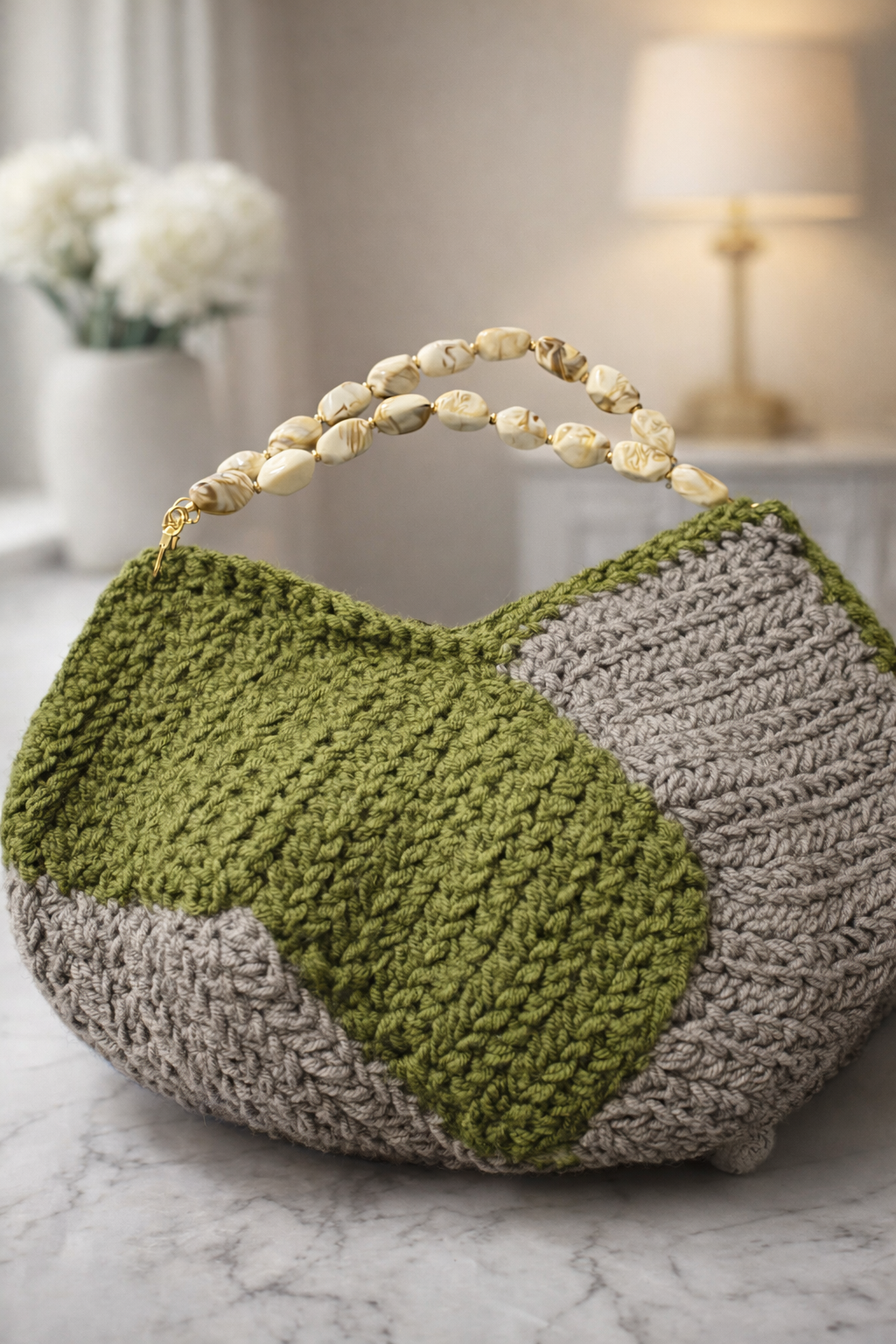 Handmade Crochet Shoulder Bag with Beaded Handle