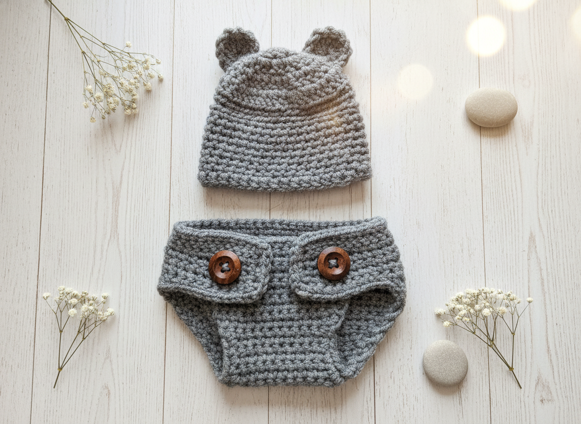 Handmade Crochet Baby Bear Outfit Set – Hat & Diaper Cover – Newborn Photo Prop