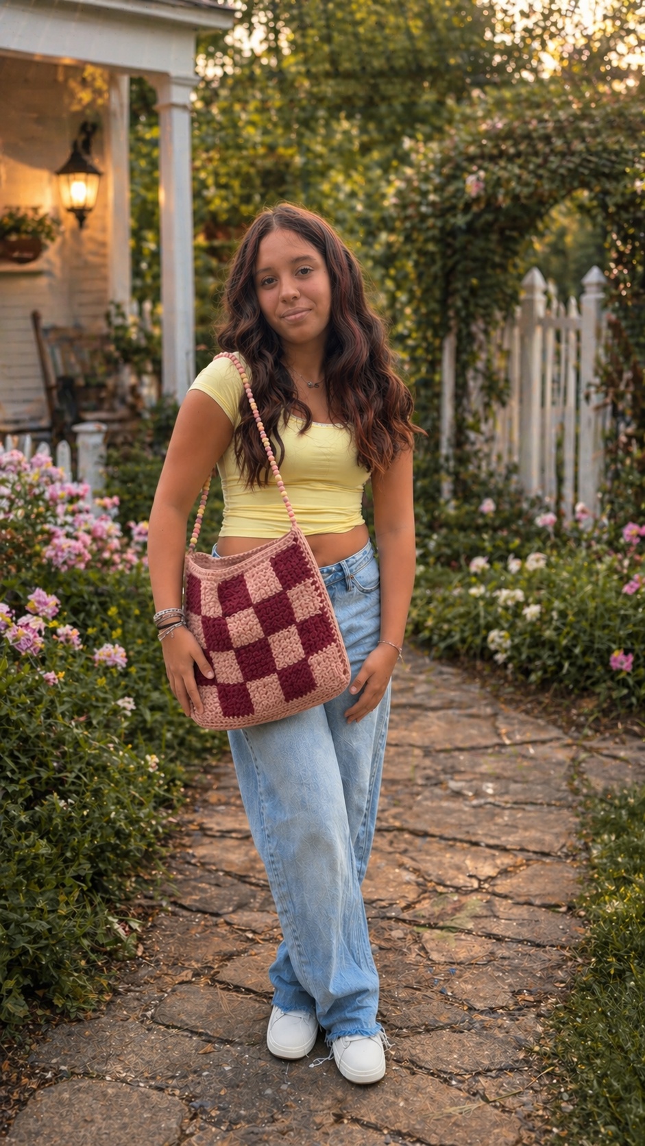 Handmade Crochet Checkered Tote Bag – Soft Pink & Burgundy | Stylish Everyday Purse