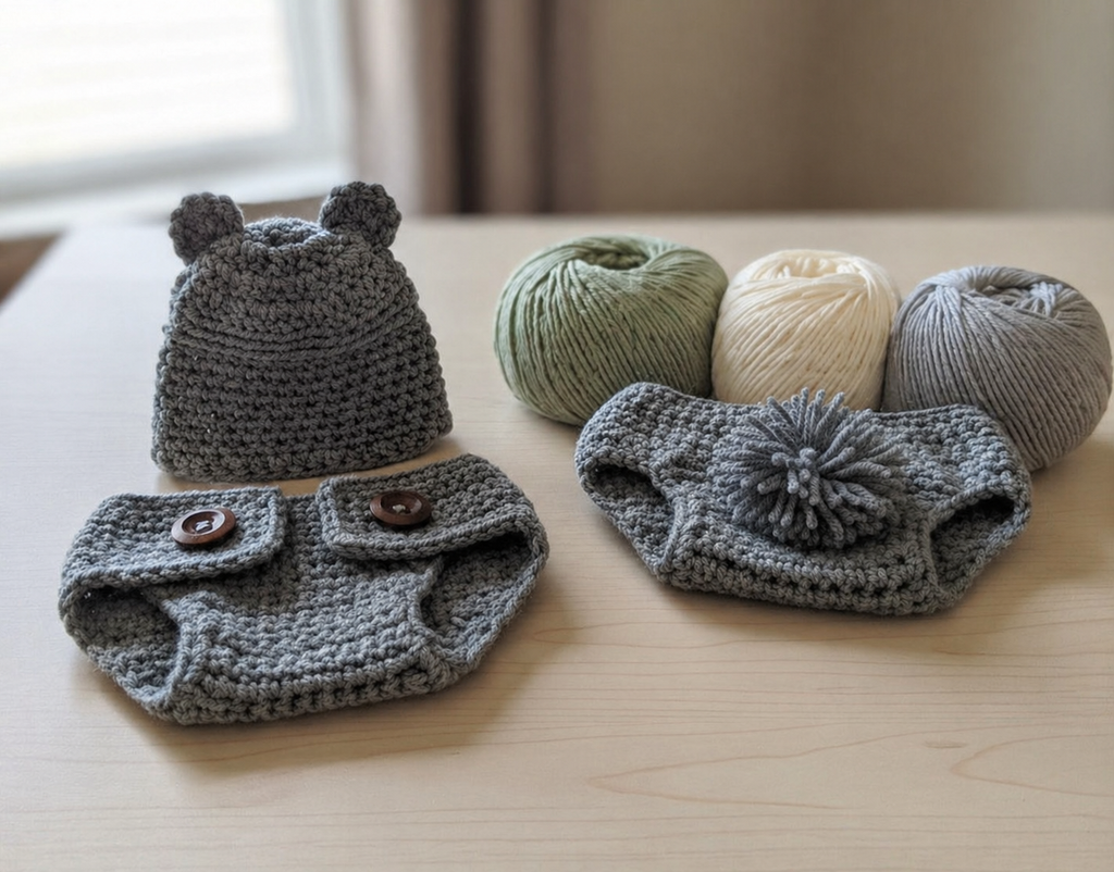 Handmade Crochet Baby Bear Outfit Set – Hat & Diaper Cover – Newborn Photo Prop