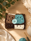 Handmade Crochet Wallet – Granny Square Patchwork Wallet in Brown, Cream & Teal