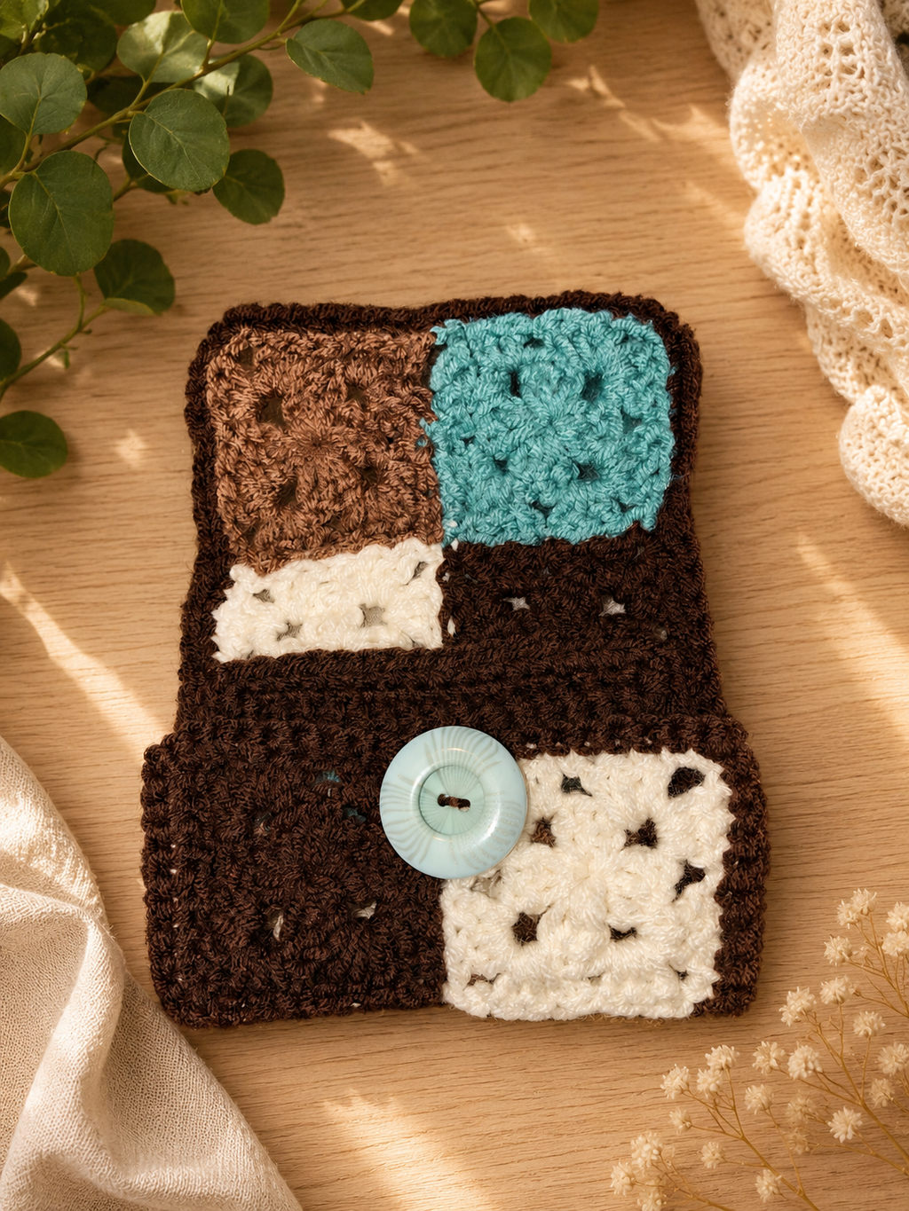 Handmade Crochet Wallet – Granny Square Patchwork Wallet in Brown, Cream & Teal