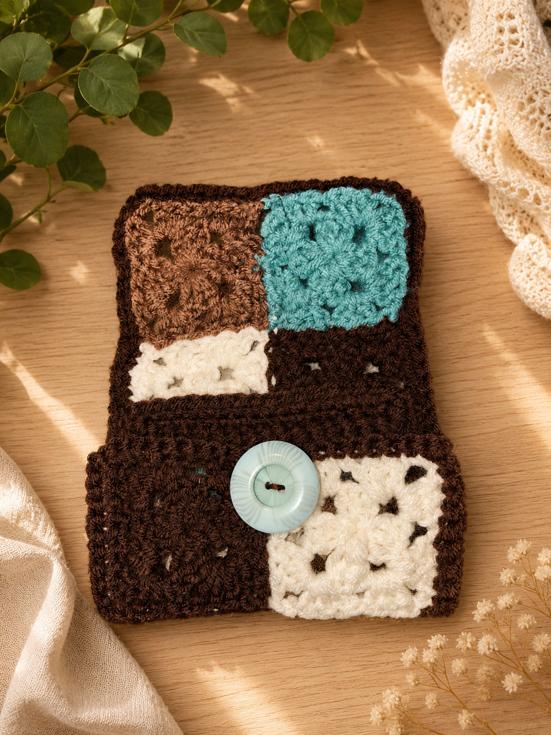 Handmade Crochet Wallet – Granny Square Patchwork Wallet in Brown, Cream & Teal