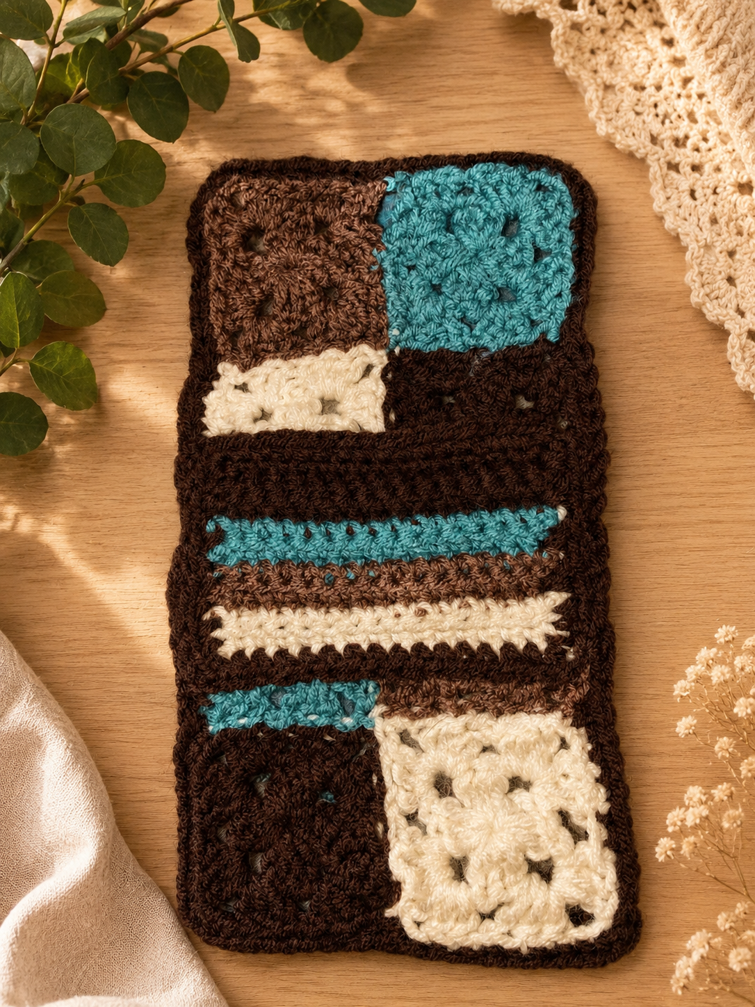 Handmade Crochet Wallet – Granny Square Patchwork Wallet in Brown, Cream & Teal