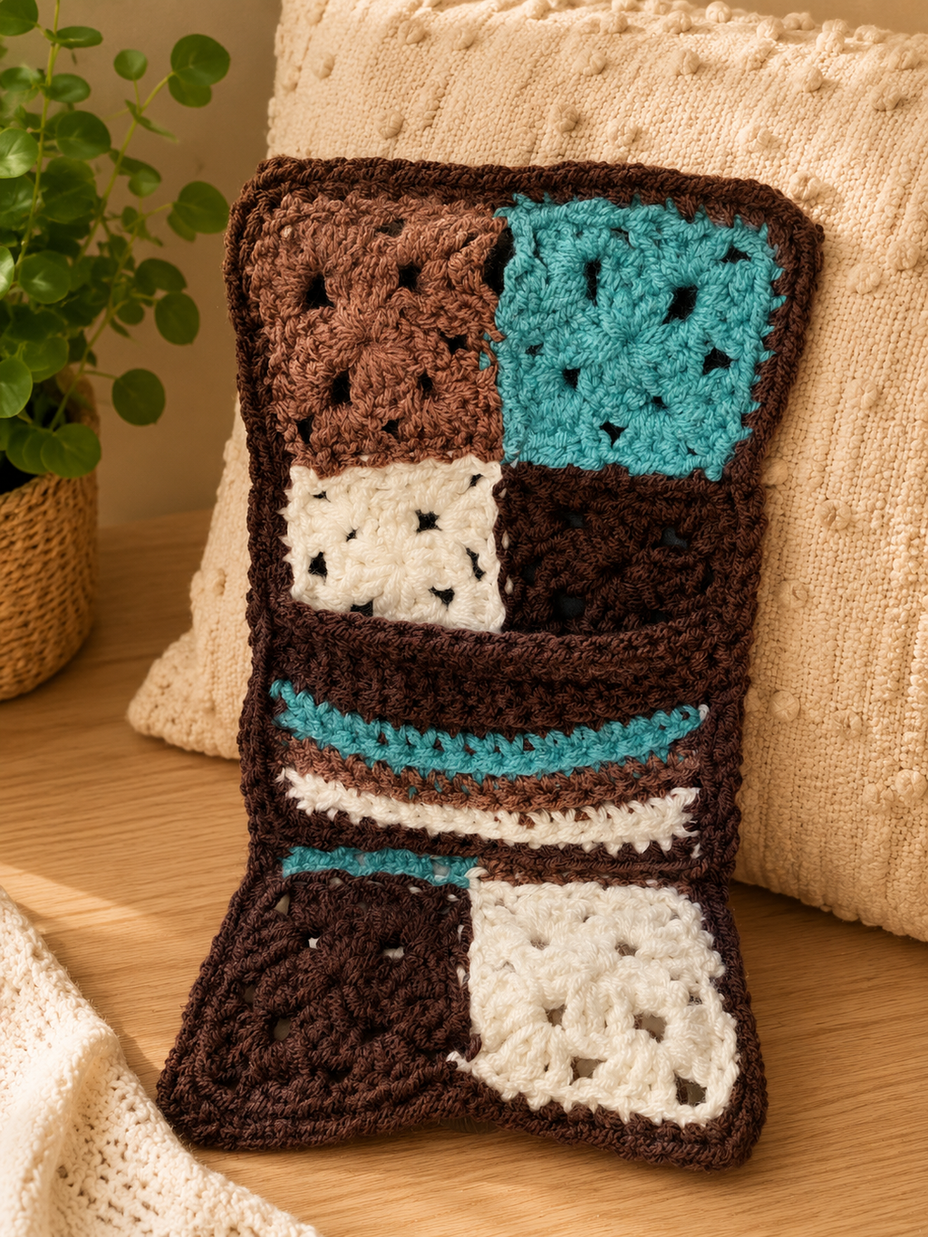 Handmade Crochet Wallet – Granny Square Patchwork Wallet in Brown, Cream & Teal